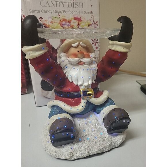 Colorful Christmas Light Sitting Santa Claus Candy Dish with A Glass Tray Tested - Picture 2 of 16